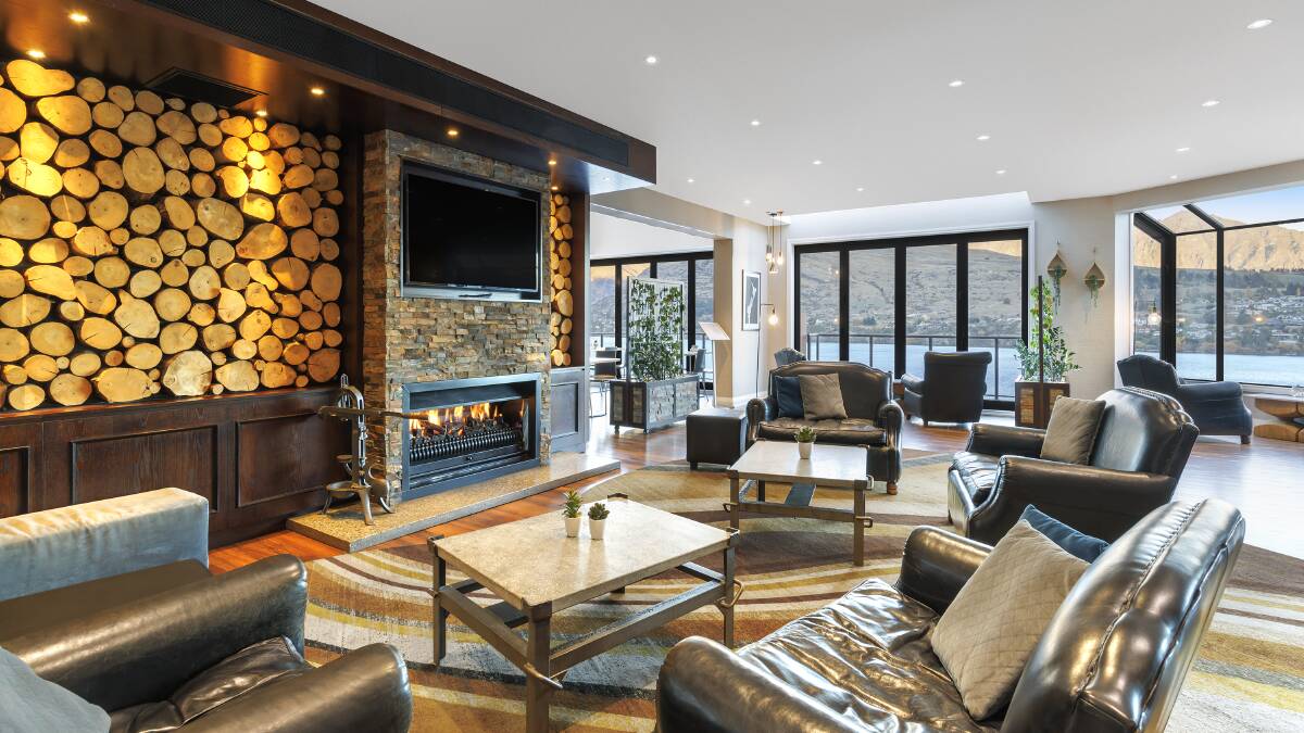 The resort lobby with fireplace.