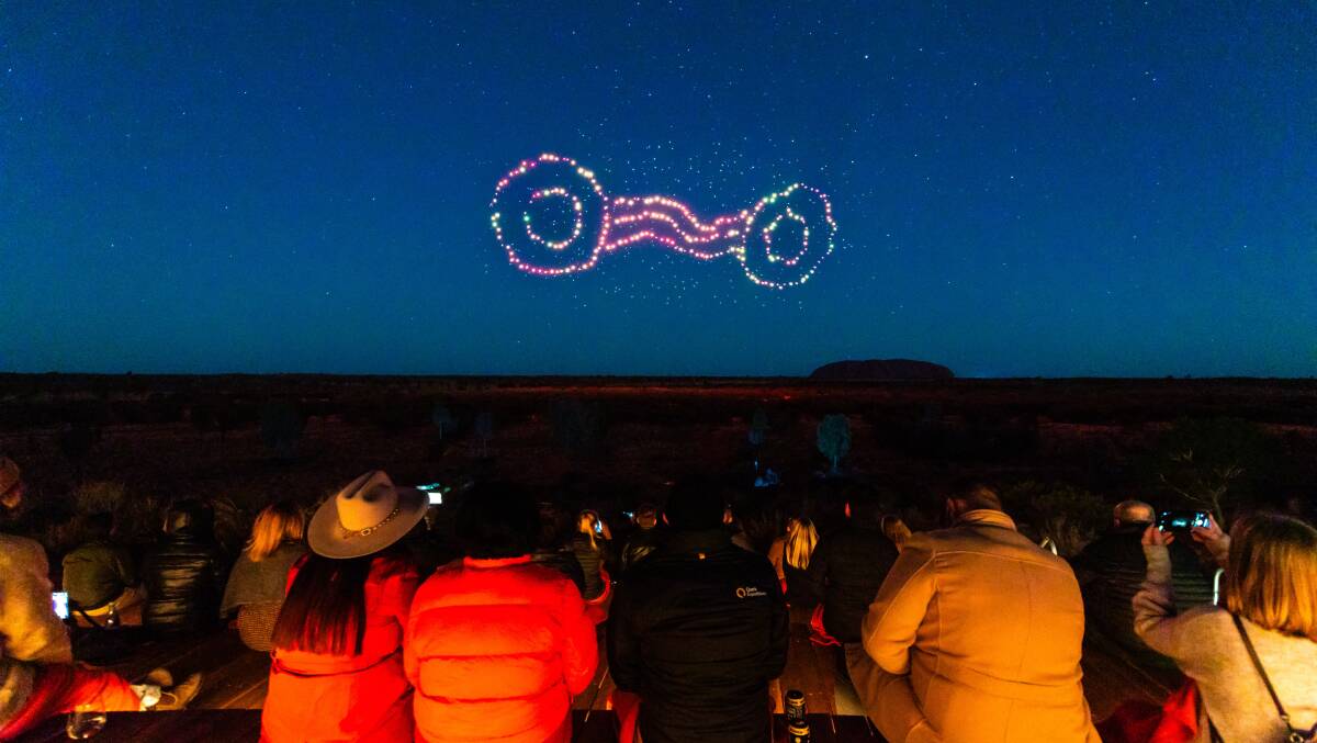 Part of the Wintjiri Wiru drone, sound and light show at Uluru in the Northern Territory launched on May 10, 2023. Picture: Getty Images for Voyages Indigenous Tourism Australia