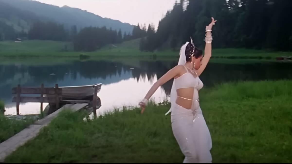 A still from Bollywood movie, Chandni, with Sridevi performing a dance next to Lake Lauenen.