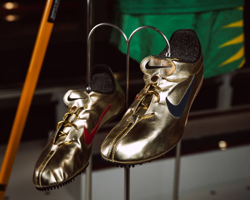 Michael Johnson's golden shoes at the Olympic Museum.