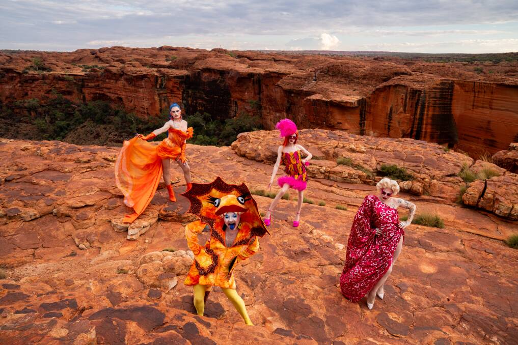 RuPaul drag queens (from left) Joey Jay, Ginny Lemon, Utica and Sister Sister re-enact the finale of Priscilla at Kings Canyon. Picture: Kane Chenoweth
