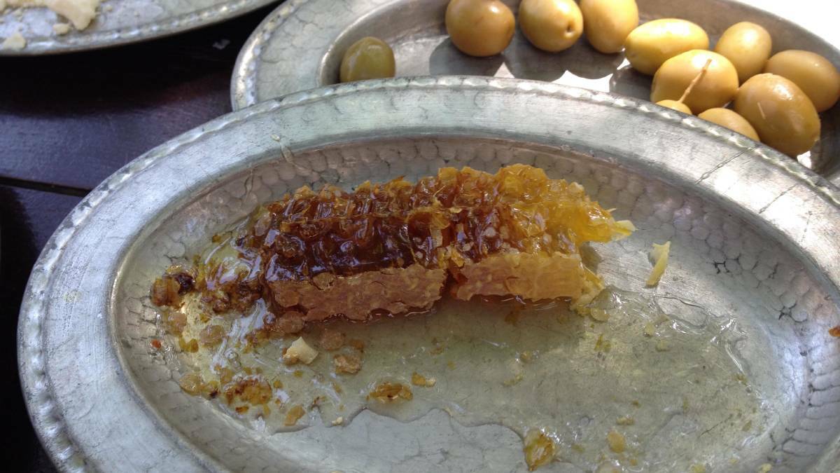 Fresh honeycomb and olives for breakfast.