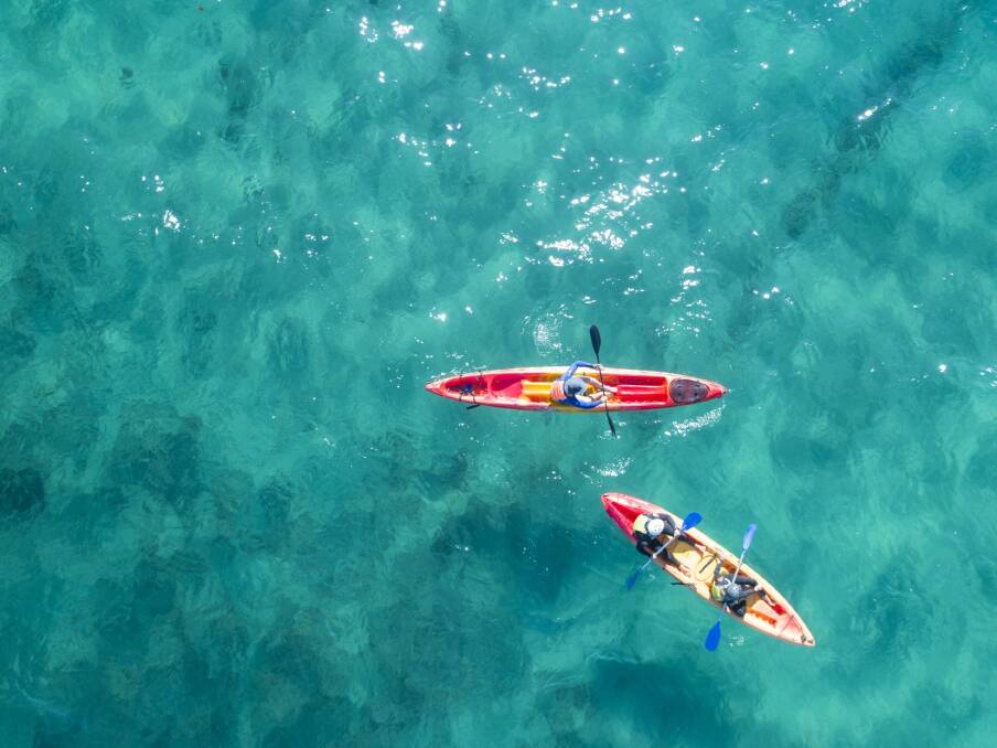 Aerial over a guided kayak tour with Go Sea Kayak, Byron Bay.