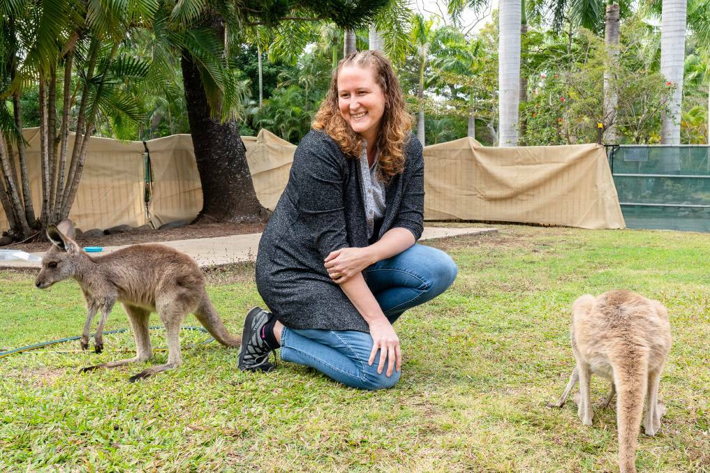 Renae Atherton with two rescue joeys at the Cape Hillsborough Nature Tourist Park.